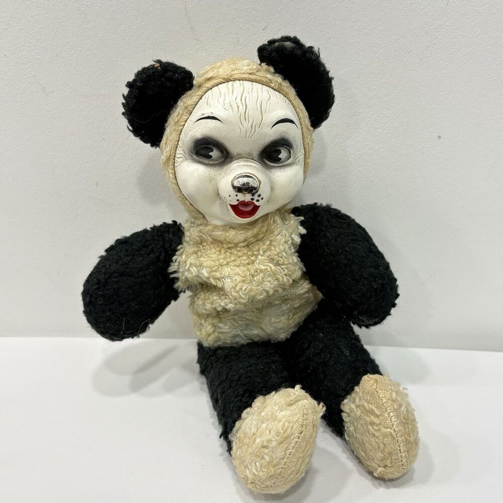Vintage  Ruston? Rubber Face Baby Panda Bear Plush Toy 12" See Pics